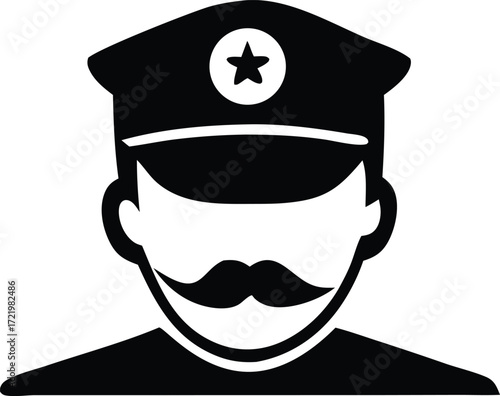 Iconic police officer portrait with star emblem hat and moustache symbolizing law enforcement security and authority
