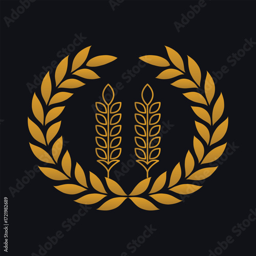 Golden wheat and laurel wreath emblem icon on dark background