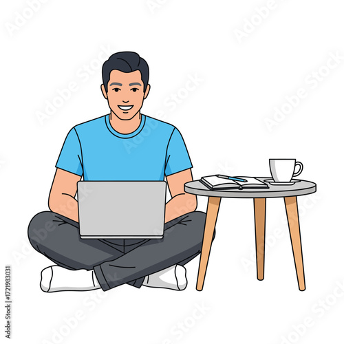 Happy Man Working on Laptop: Flat Vector, High Quality Illustration