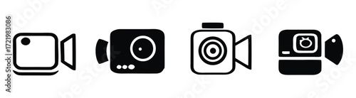 Collection of simple black and white camera and camcorder icon illustrations 

