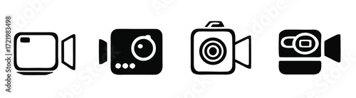 Collection of simple black and white camera and camcorder icon illustrations 
