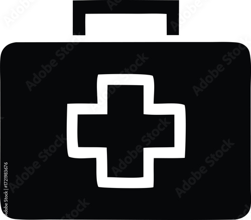 Simple silhouette icon of a medical first aid kit with a white cross symbol for emergency health care and wellness