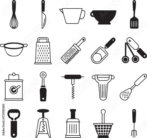 Set of twenty four kitchen utensil line art icons with transparent background cooking