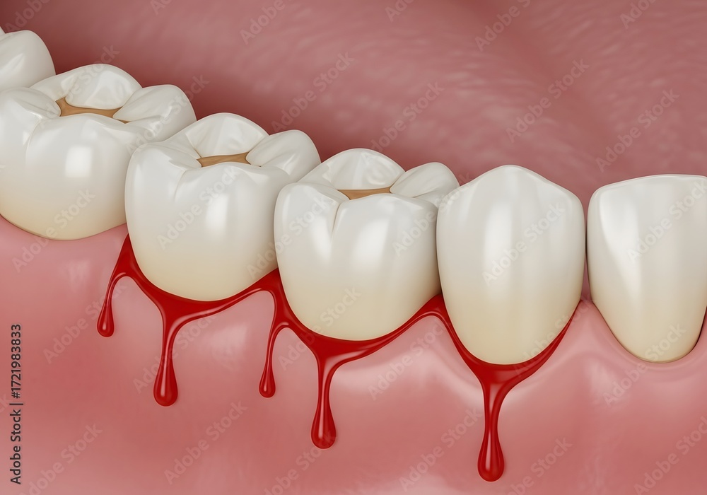 Fototapeta premium Close up of teeth with bleeding gums indicating possible gingivitis or periodontal disease issues
