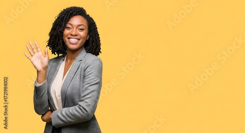 A cheerful African American businesswoman, confidently smiling and waving on a vibrant yellow background, perfect for promoting positivity and professional communication.