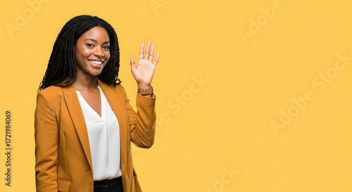 A confident Black woman in a smart blazer waves with a bright smile. Ideal for business, diversity, and professional themes against an eye-catching yellow backdrop.