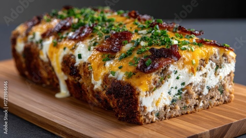 Wallpaper Mural Meatloaf featuring juicy ground beef, cream cheese center, topped with bacon and cheddar, garnished with green chilies on a wooden board Torontodigital.ca