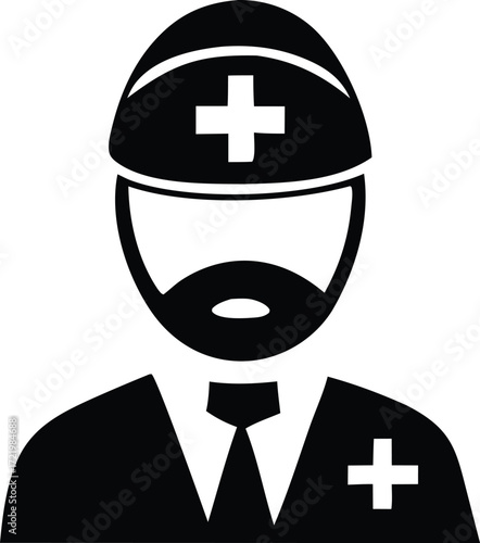 Professional medical doctor icon symbol representing healthcare provider surgeon physician surgeon with beard and cross emblem