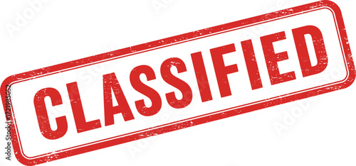 Red classified stamp graphic with distressed texture for confidential documents and information isolated on transparent background