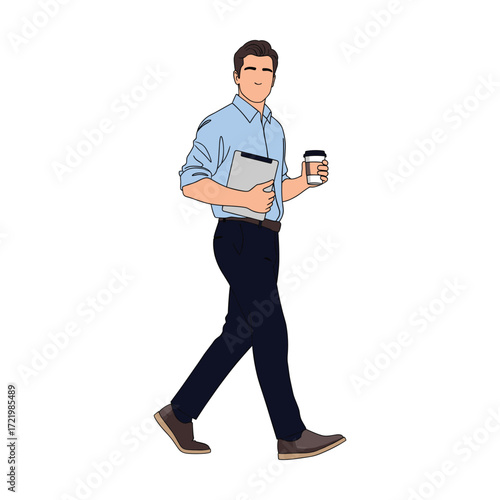 High-Quality Flat Vector: Businessman Walking, Tablet, Coffee, Modern Style