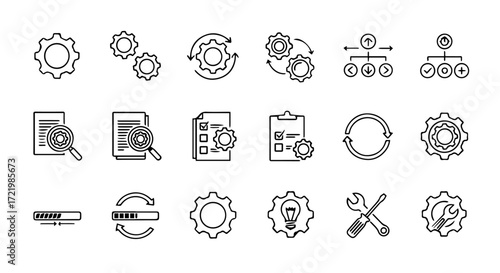 Comprehensive collection of linear vector icons representing development, settings, gears, tools, and process management, ideal for engineering, business, and technological optimization projects