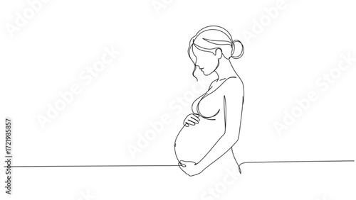 Single line drawing of a pregnant woman silhouette, minimal abstract line art, white background