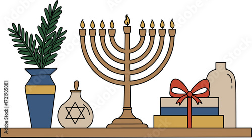 Decorative menorah with gifts and traditional items on tabletop for Hanukkah  