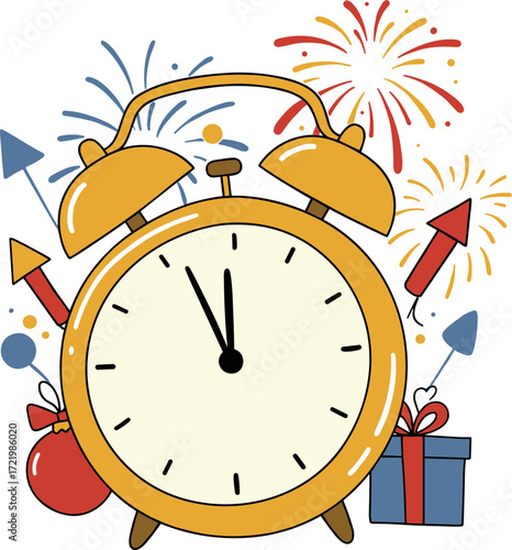 Alarm clock surrounded by festive elements like fireworks, gifts, and ornaments, representing celebration  