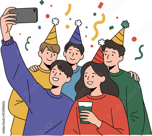 Group of friends taking selfie at a party with festive decorations  