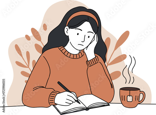 Young woman with long hair writing in notebook while thinking at home  