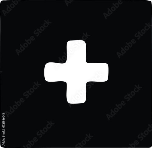 Simple white plus symbol icon inside a black square graphic element for modern design and medical symbolism concepts