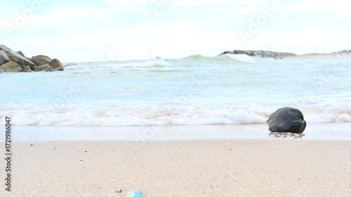 Serene Coastal Scene: A tranquil beach unfolds, with the gentle lapping of the waves caressing the shore. A lone, weathered stone rests on the sands, a testament to the enduring power of nature. 