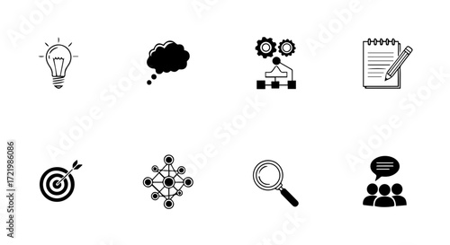 A collection of monochrome icons representing key concepts in business strategy, including innovation, planning, teamwork, and analysis for creative projects