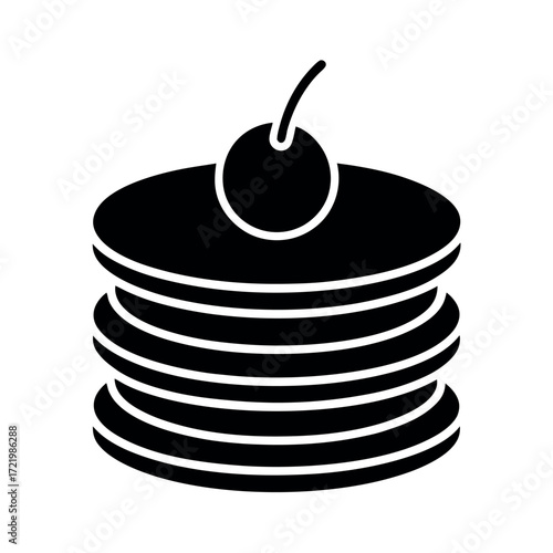 Minimal Glyph Stack of Pancakes with Syrup and Cherry Vector Illustration