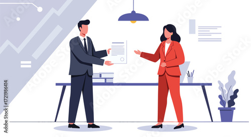 Successful business deal featuring two professionals exchanging contract