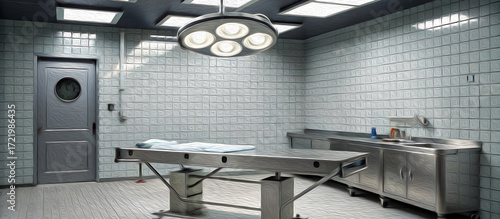 Realistic morgue interior with autopsy table, surgical lights and tiled walls. Cold clinical environment in a forensic facility or pathology lab.
