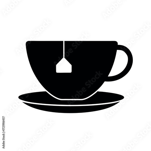Minimal Glyph Teacup on Saucer with Tea Bag Vector Illustration