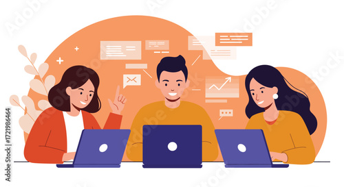 Diverse startup team collaboration around laptops planning innovative ideas