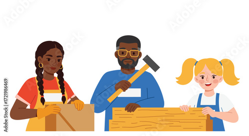 Diverse volunteers working together to build, illustrating teamwork and community spirit
