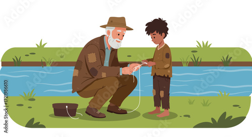 Heartwarming illustration: old man teaching street child fishing by the canal