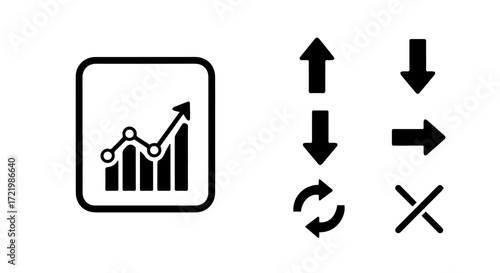 Modern flat design vector icons for business analysis and user interface, presenting an upward trend chart, directional arrows, and essential action controls