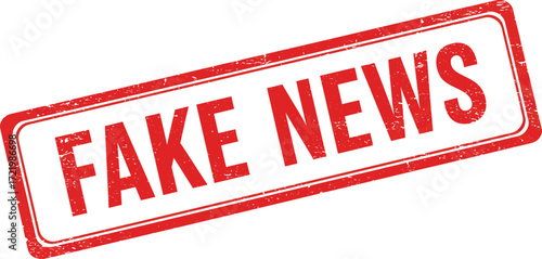 Red stamp graphic declaring fake news distortion propaganda misinformation falsehood social media isolated on transparent background