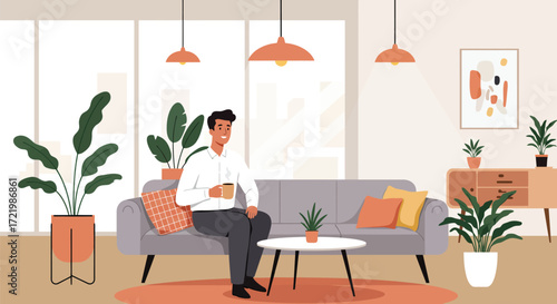 Professional's tranquil coffee break in a stylish office lounge setting