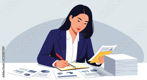 Professional woman reviewing reports and taking notes at her office desk