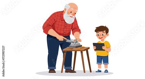 Grandfather sharpens knife while grandson uses tablet, showcasing generations