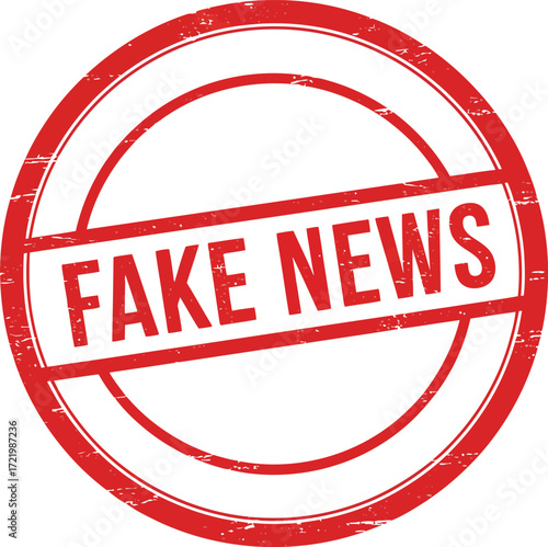 Red "fake news" stamp graphic symbolizing disinformation and misleading information isolated on transparent background
