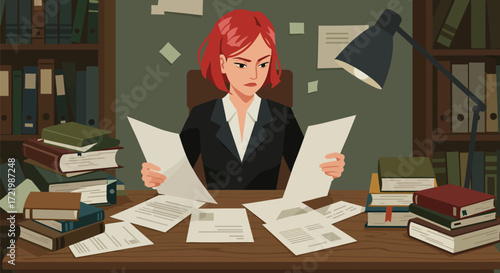 Focused professional woman reviewing documents in a book-lined office