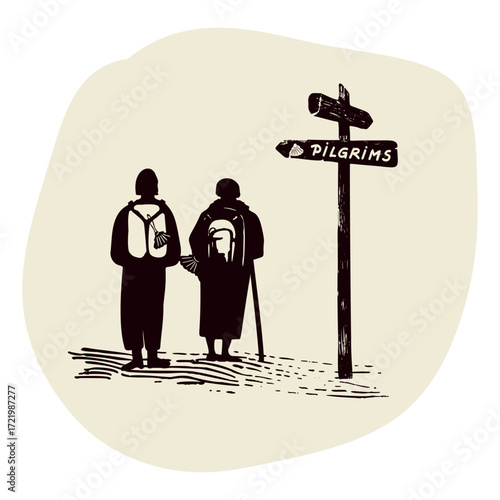 Sketch of pilgrim women group with rucksack and shell walking on signpost path . For Canterbury pilgrims way or Santiago de Compostela religious pilgrimage walk. Sign and people vector icon drawing.