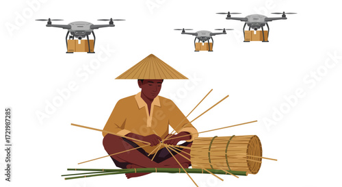 Craftsman weaving with bamboo and drones flying overhead delivering goods