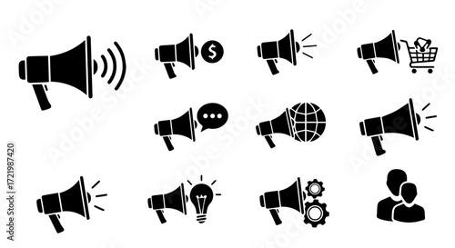Megaphone Icons Set Communication, Announcement, and Marketing Elements for Business Campaigns