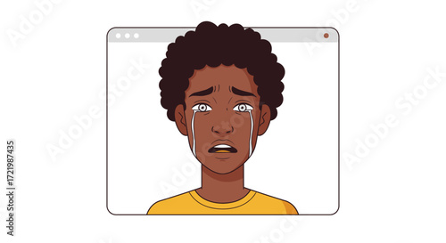 Stylized vector illustration: a person crying on a disrupted video call