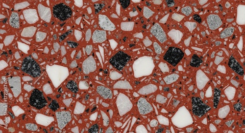Terrazzo Texture: Red Matrix with Black, White, and Grey Aggrega