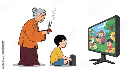 Generational bonding: Elderly woman offering incense as child watches cartoons
