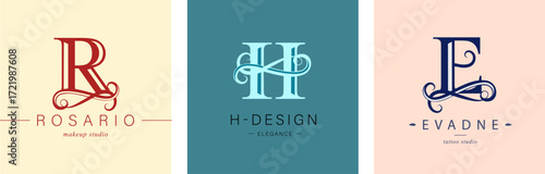 Logo R, capital letter H, E. Monogram of Botanical Minimalistic, Initial. with Organic Plant Elements. Vector design.