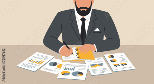 Executive analyzing documents and taking notes in the office setting