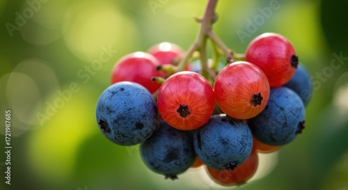 Wallpaper Mural Closeup of red and blue berries on a stem against a blurred green background Torontodigital.ca