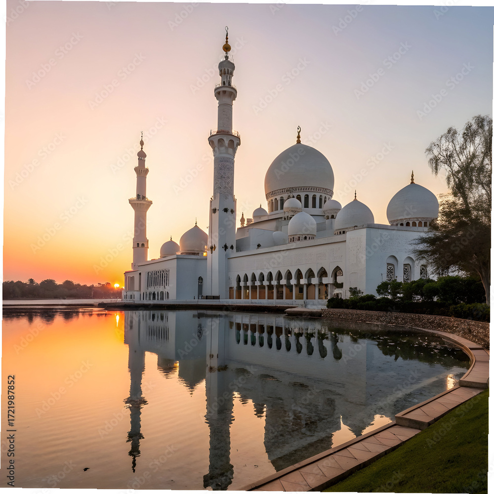 Naklejka premium large whith mosque with reflection in water at sun