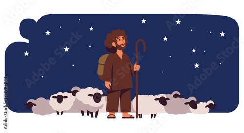 Shepherd under starry skies with sheep in peaceful night illustration
