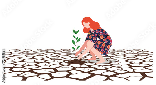 Hopeful future: Young woman planting a sapling in drought-stricken landscape