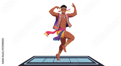 Energetic young man performing traditional dance on a glowing stage